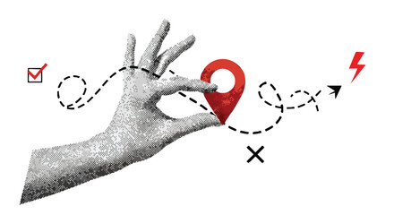 A textured hand holds a red location pin, illustrating a journey or strategic path with dotted lines and various symbols like a checkmark, cross, and lightning bolt.