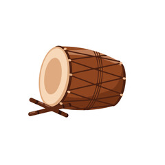 Traditional indian dhol drum with two wooden sticks, suitable for music, culture, traditional events, indian themes, percussion instrument concepts.