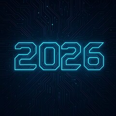 Futuristic tech-style 2026 digits on futuristic tech background