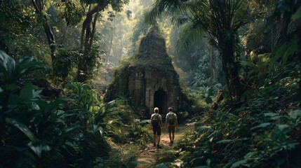 Tourists exploring ancient temple hidden in dense jungle with exotic plants, adventure travel photography, cultural heritage and exploration concept