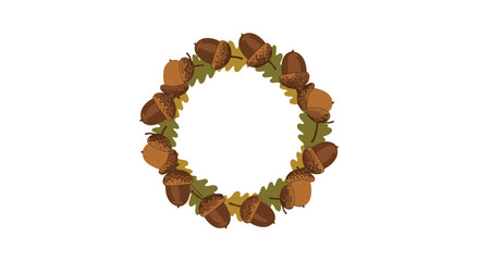 Obraz premium A beautiful circular frame made of acorns and oak leaves with a white background.