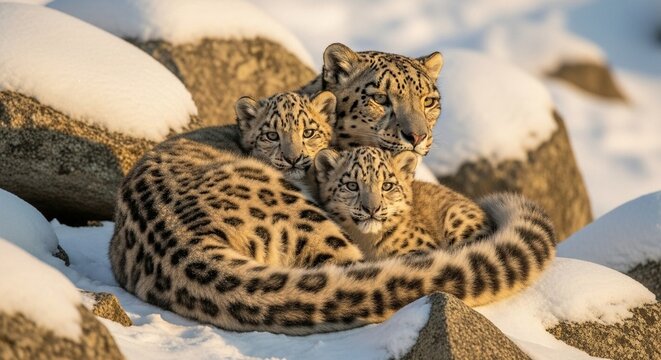 A heartwarming photo of a snow leopard mother with her two cubs resting together in the snow for conservation concepts - Powered by Adobe