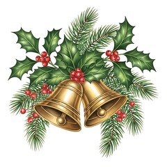 Golden christmas bells adorned with holly and evergreen branches