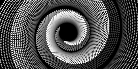 Abstract spiral pattern made of white dots on a black background. The dynamic, optical illusion effect creates depth and motion, perfect for modern design, posters or digital art projects.