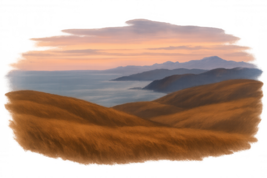 Coastal landscape painting featuring rolling hills and distant mountains under a dramatic sunset sky with transparent background - Powered by Adobe