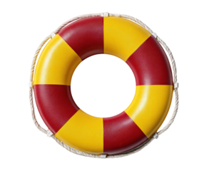 Red yellow lifebuoy ring with rope, isolated on transparency background, used for water safety and rescue at beach or pool, essential for emergency situations and swimming activities