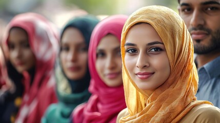 Fototapeta premium A group of people wearing colorful headscarves, standing in a row.