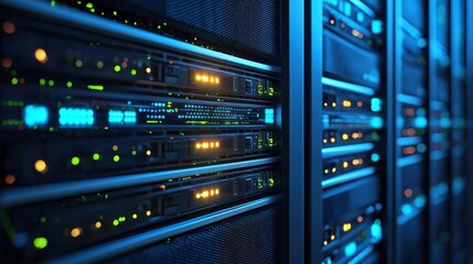 A server room with multiple servers and networking equipment.