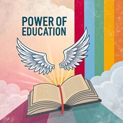 Empowering visual concept of education as freedom&mdash;open book with wings and bold typography on a retro-styled background.