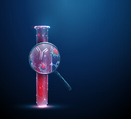 3d test tube with blood under magnifying glass with viruses and antibodies inside. Viral infection diagnostics, immune response analysis concept.