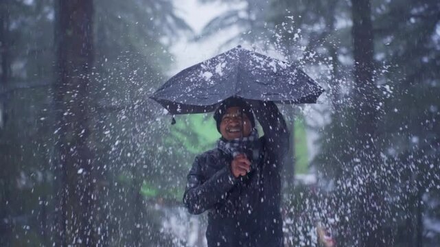 A man holding an umbrella during a snowstorm in Patnitop, Jammu and Kashmir, India.