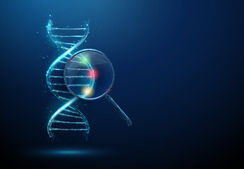 DNA strand under magnifying glass with red, yellow, green spots inside. Genetic variations, analysis, pharmacogenomics, biomarker identification, DNA sequencing concept
