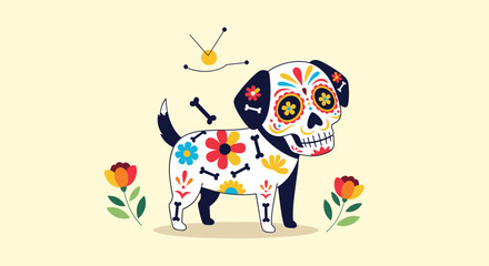 A cute dog painted with day of the dead sugar skull art with flowers and a sun.