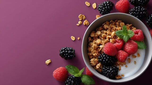 Bowl of Nutritious Grano Topped with Fresh Berries and Crunchy Nuts Creating a Healthy and Colorful Breakfast Delight Perfect for Wholesome Living