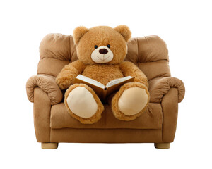 Teddy bear sitting on cozy sofa holding open book, plush toy with friendly expression, creating warm and inviting atmosphere for relaxation and reading enjoyment