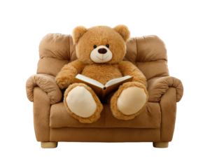 Teddy bear sitting on cozy sofa holding open book, plush toy with friendly expression, creating warm and inviting atmosphere for relaxation and reading enjoyment
