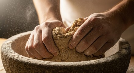 Hands kneading rustic dough in a stone bowl, for World Food Day, traditional baking, and sustainable food concepts