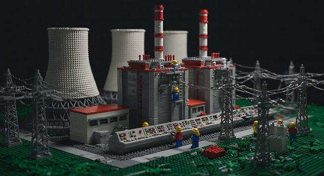Lego Nuclear Power Plant Model: Detailed Construction with Cooling Towers and Infrastructure.