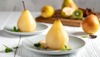 Poached pears on light plates