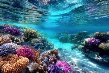 Obraz premium Vibrant Coral Reef Under Clear Blue Water Surface
