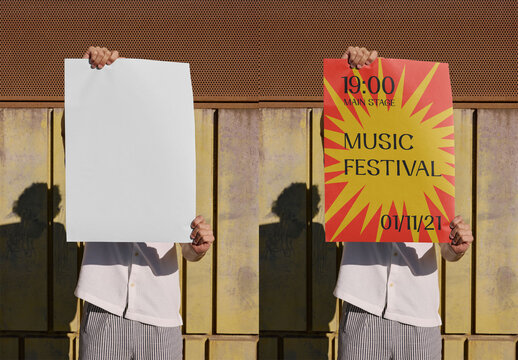 Mockup Of Man Holding Customizable A2 Poster In Front Of Face