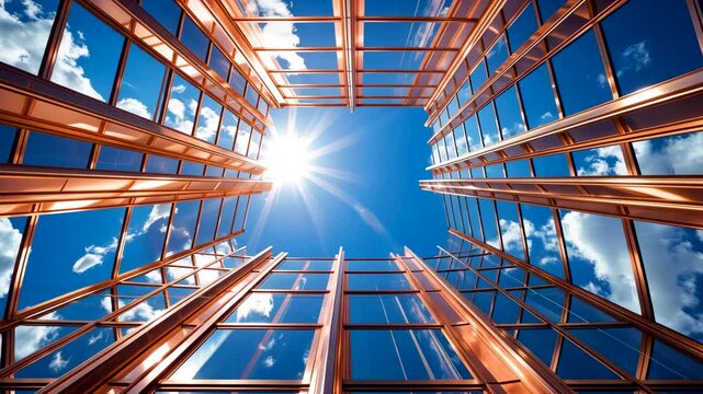 Glass Building Architecture with Sunlight Reflection and Blue Sky Modern Urban Perspective