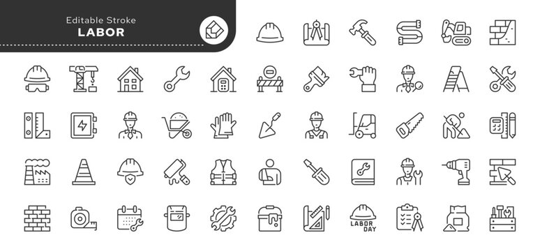 Construction work and labor line icon set. Renovation, build, builder, tool, helmet, excavator, roller, spatula, wheelbarrow, project and more. Outline icon in linear style. Vector collection.
