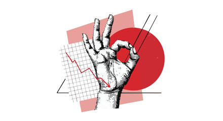 Vintage engraved hand making an OK gesture amidst abstract red and black geometric shapes with a downward trend arrow.