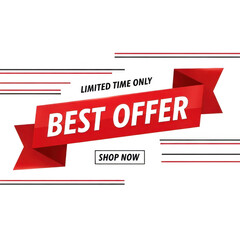 Bold red ribbon banner announcing best offer for sales and promotions isolated on transparent background