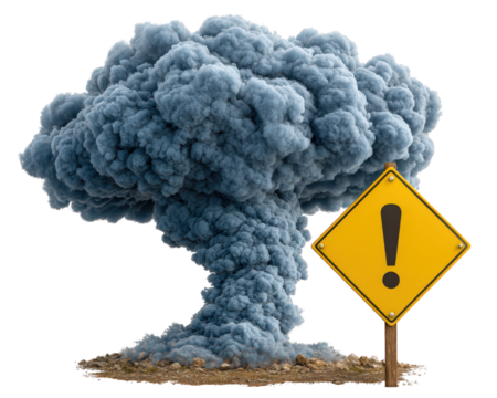 Large tornado with swirling dark cloud and warning sign, dramatic natural disaster scene, caution and danger concept, isolated on transparency background - Powered by Adobe