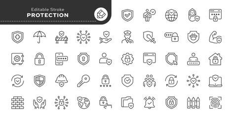 Protection line icon set. Security, shield, lock, guard, umbrella, alarm, code, password, fence, safe and more. Outline icon in linear style. Vector collection.