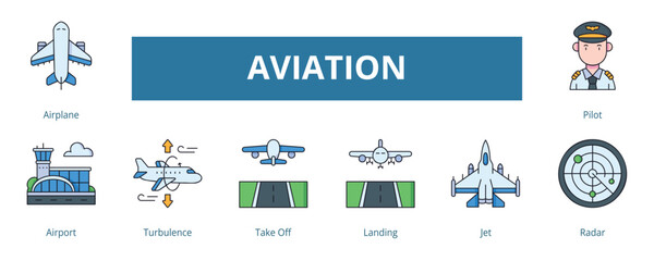 Aviation Lineal Color Banner Web Icon Set Vector Illustration, Airplane Airport Turbulence Take Off Landing Jet Radar Pilot 