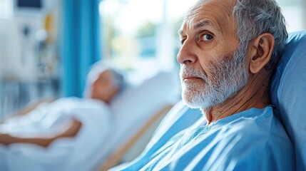 Obraz premium An elderly man in a hospital bed with a gray beard, wearing a blue hospital gown, looking away from the camera with a thoughtful expression.