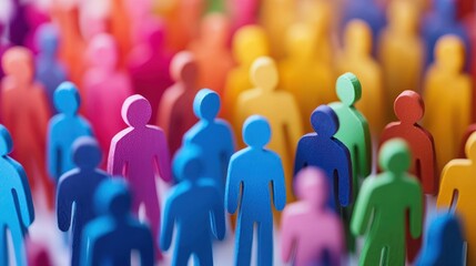 A colorful group of wooden figures in various colors and shapes, standing in a row with a blurred background.