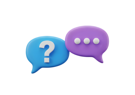 Image of super premium transparent photo of 3d rendering of two speech bubbles, one with a question mark and the other with dots, isolated on transparent background