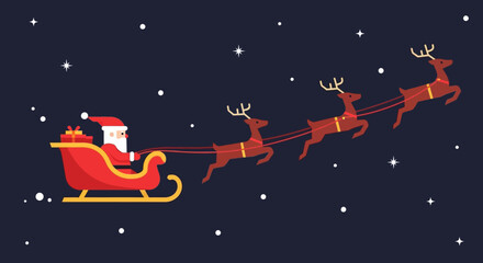 Naklejka premium Flat Geometric Santa Claus Sleigh with Reindeer Night Sky Illustration