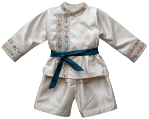 Traditional Thai wedding outfit with floral embroidery, white silk fabric, blue sash, and short pants, reflecting cultural heritage and elegance for ceremonial occasions