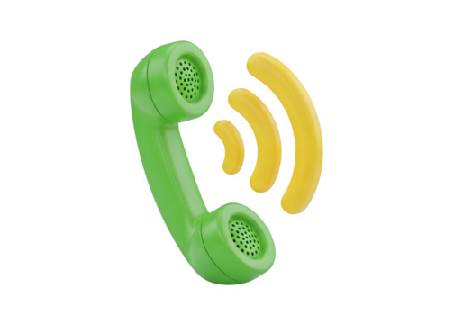 Image of super premium transparent photo of 3d rendering of a green telephone receiver with yellow sound waves, isolated on transparent background