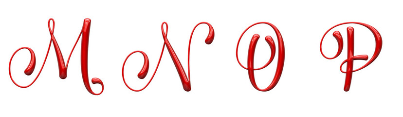 set of letters made of red glossy plastic, calligraphic style, typographic design, uppercase letter M, N, O, P