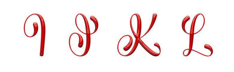set of letters made of red glossy plastic, calligraphic style, typographic design, uppercase letter I, J, K, L