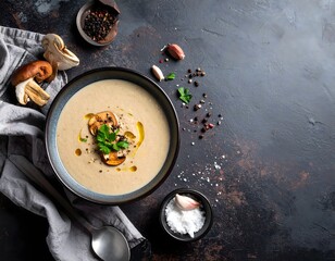Creamy Mushroom Soup with Herbs and Spices on Rustic Table