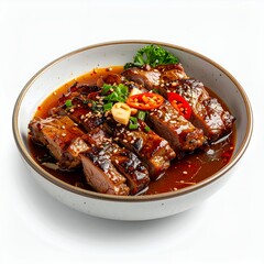 Fototapeta premium Delicious glazed ribs in flavorful sauce on a white backdrop elevate culinary photography