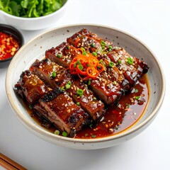 Appetizing honey glazed barbecue ribs in ceramic bowl served on white backdrop