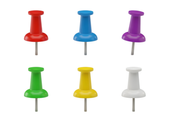 Image of super premium transparent photo of a collection of six colorful push pins in red, blue, purple, green, yellow, and white, isolated on transparent background