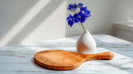 White Vase With Blue Flowers On Marble Table