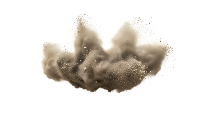 A dynamic mid-air explosion of sandy brown clay dust, with fine particles suspended in a cloud, isolated on a transparent background