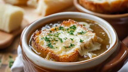 Delicious french onion soup with melted cheese and fresh herbs in ceramic bowl