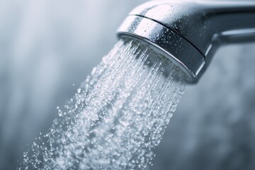 Close-up of refreshing water flowing from a modern bathroom showerhead