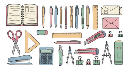 Collection of Hand-Drawn Office and School Supplies Vector Icons
