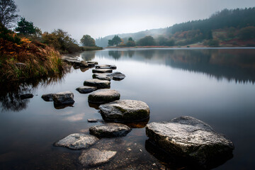 a group of stepping stones in the water